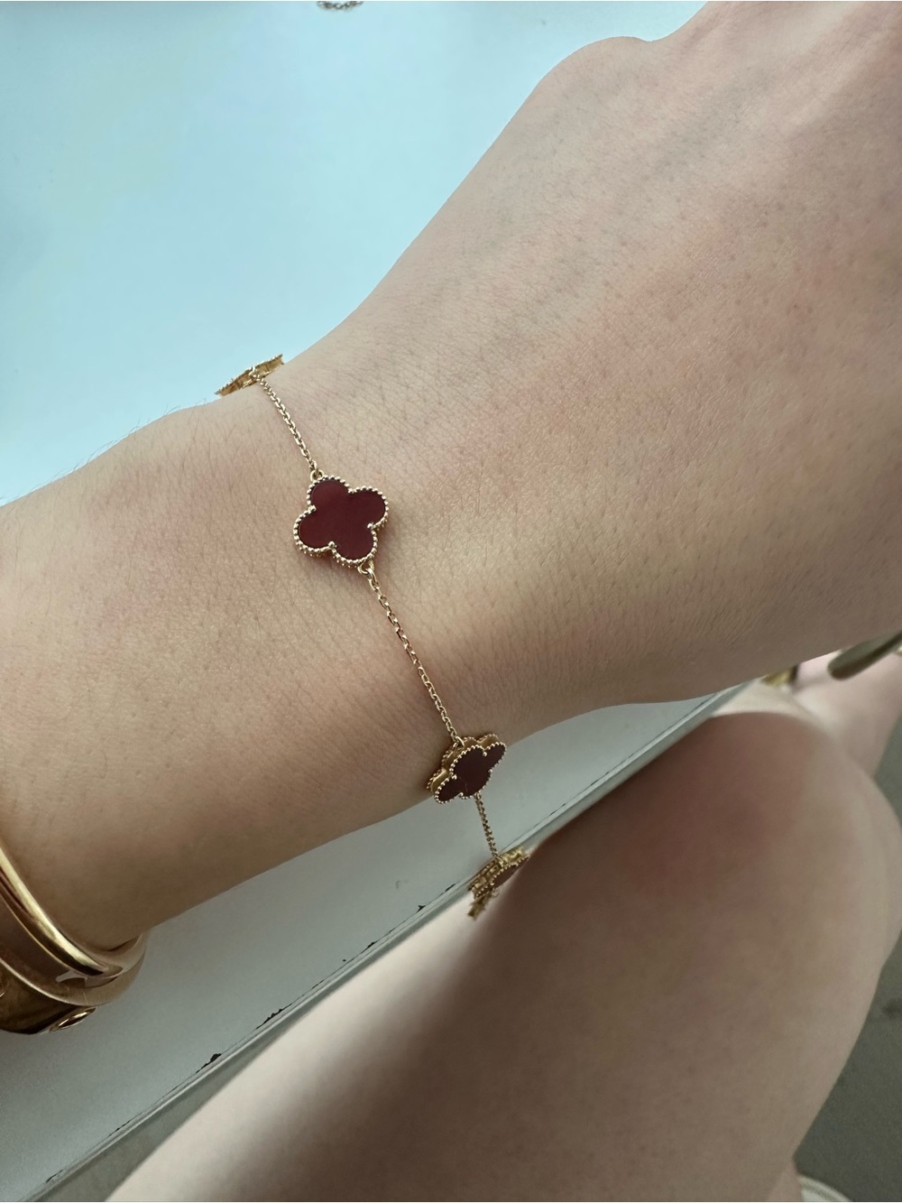 Gold Chain Bracelet with Red Clover Motifs